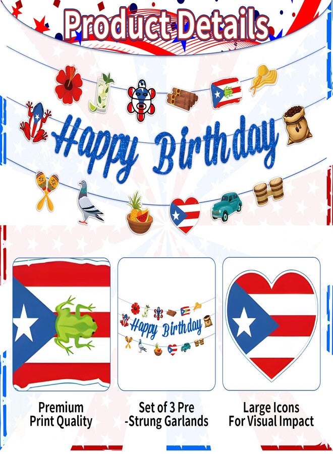 Geodurn Puerto Rico Happy Birthday Banner with Island Symbols - Pre-Strung Boricua Theme Garland with Flag, Coquí Frog, Coffee, and Tropical Design - Puerto Rican Fiesta Party Decorations - Image 3